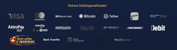 Logos vo Zahlungsmethode für Online Casino Ein- und Uszahlig